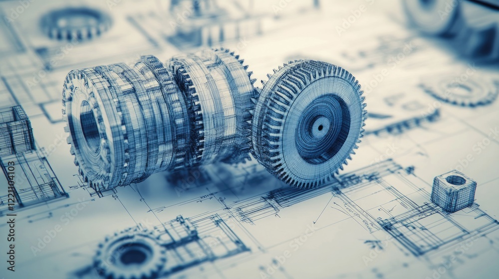 Poster Technical blueprint and 3D printed prototypes of a complex gearbox, illustrating the design process from concept to creation.
