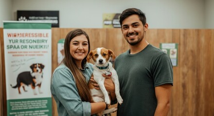 Smiling couple holding dog at pet adoption event