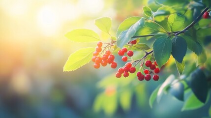 Obraz premium Stunning Red Berries and Lush Leaves in Sunlight