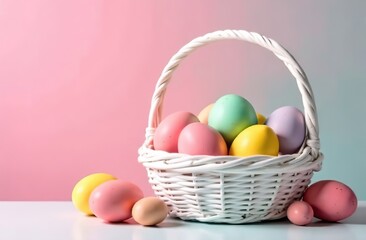 Fototapeta premium Colorful easter eggs in white basket on vibrant background, ideal for festive celebrations