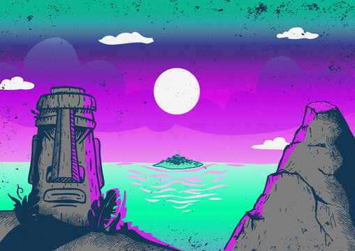 Isla en el anochecer con tiki en ex&oacute;tico paisaje tropical y monta&ntilde;a tono turquesa fuxia y azul