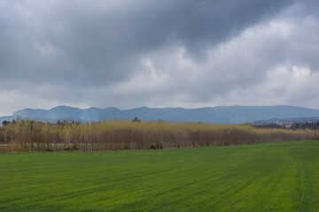 Rural landscape with rain clouds and mountains in the background