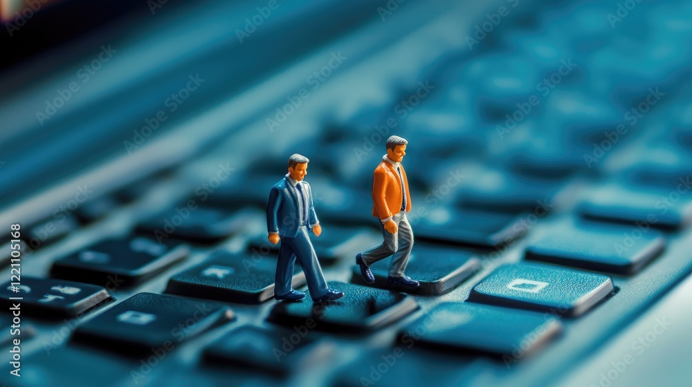 Poster tiny businessman figurines walking on a laptop keyboard, emphasizing the fusion of corporate work an