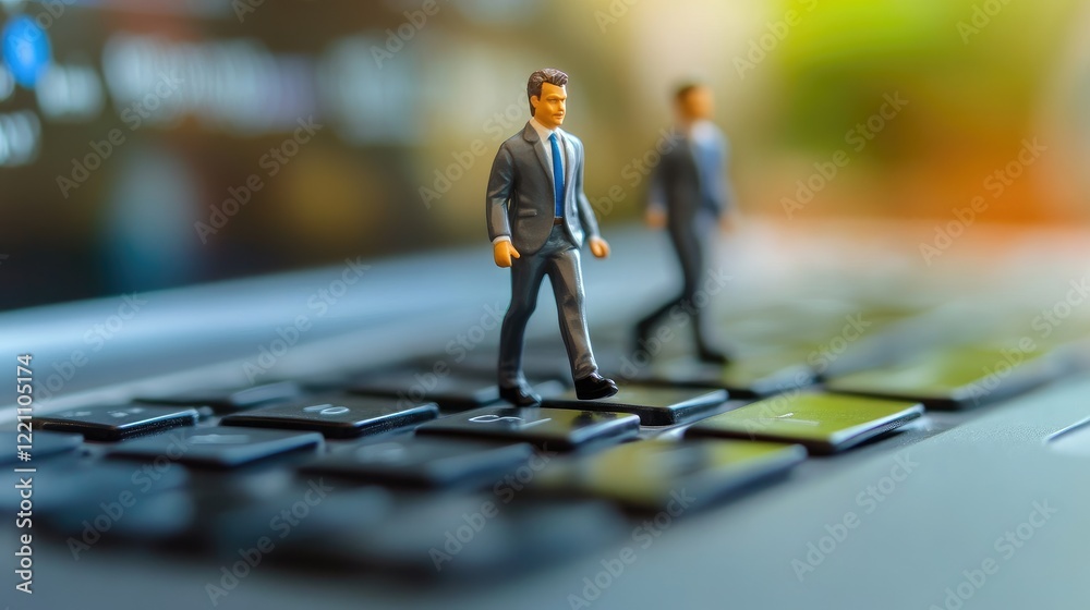 Poster tiny businessman figurines walking on a laptop keyboard, emphasizing the fusion of corporate work an