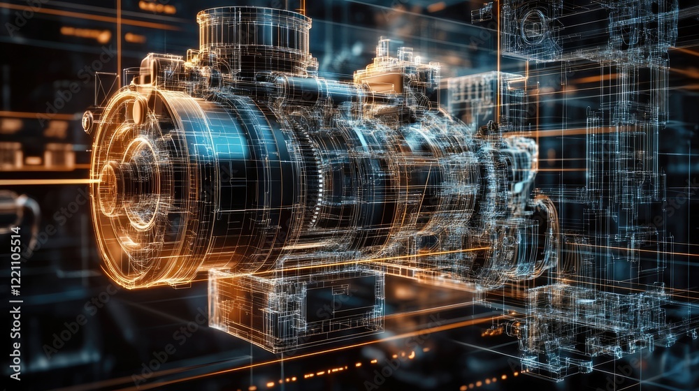 Poster transparent engine diagram overlaying precise engineering plans, illustrating the ongoing evolution 