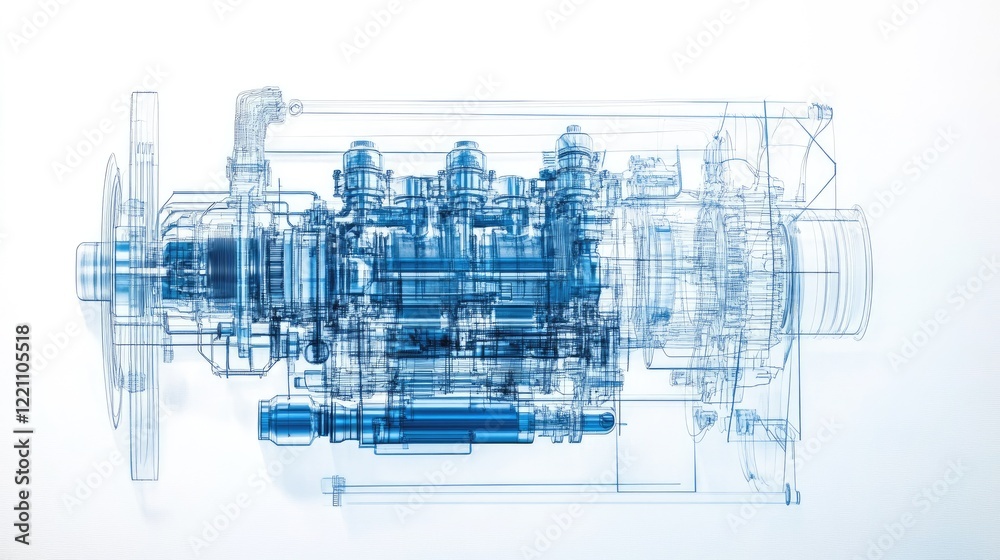 Poster transparent engine diagram overlaying precise engineering plans, illustrating the ongoing evolution 