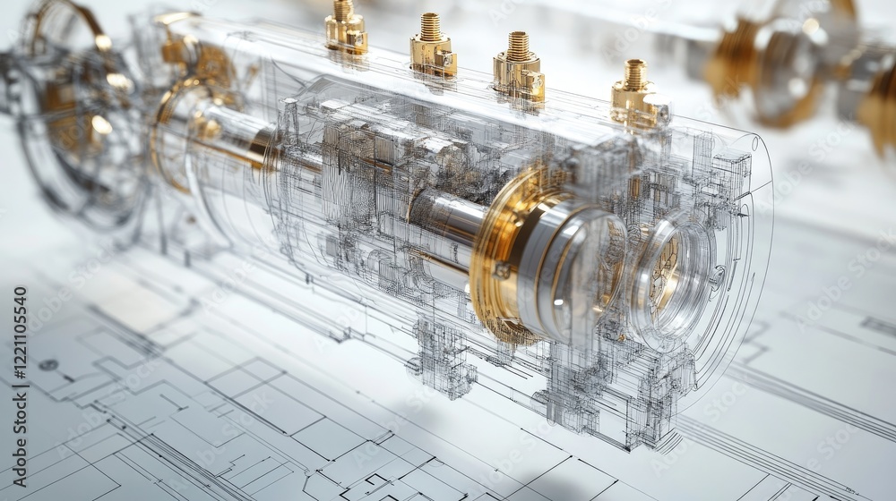 Poster transparent engine diagram overlaying precise engineering plans, illustrating the ongoing evolution 