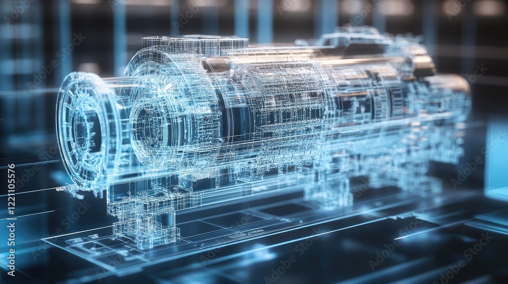 Poster transparent engine diagram overlaying precise engineering plans, illustrating the ongoing evolution 