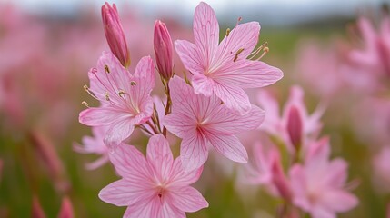 Obraz premium Delicate pink flowers bloom in a field their petals softly overlapping
