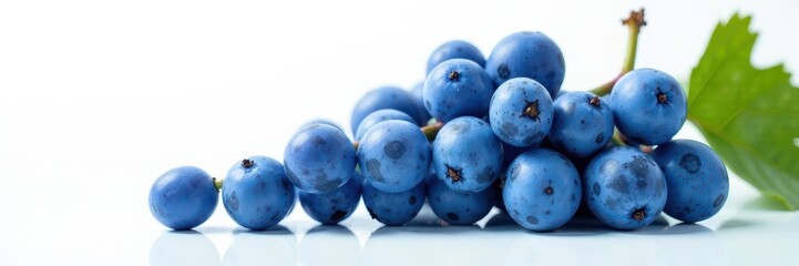 Cluster of plump, blue wet grapes, pristine white backdrop , still life, glossy, object