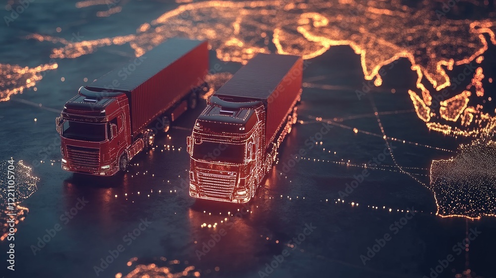 Poster trucks integrated into a smart global network, illustrating the future of fleet management and logis
