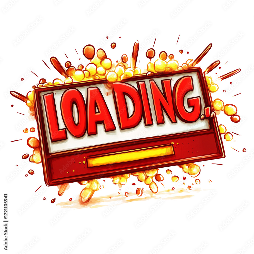 Poster The image depicts a stylized loading screen featuring bold red text and a dynamic splash of yellow and orange bubbles.