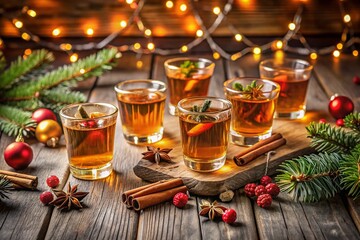 Vintage Festive Advent Calendar with Hot Spiced Alcohol Drinks on Gray Table