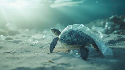 Obraz premium Turtle caught in a plastic bag amidst beach pollution, illustrating the environmental crisis and its devastating effects on wildlife.