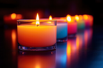 Burning candles in glass jars creating warm ambience on dark background