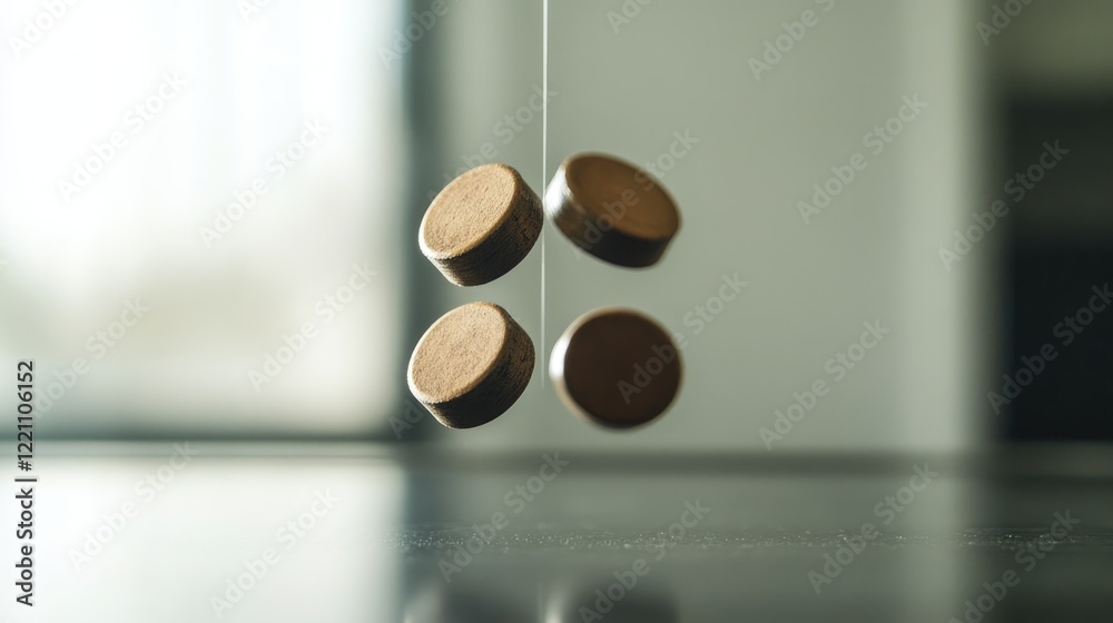 Poster two magnets floating in mid-air, held by a transparent string, with a subtle sense of tension, illus
