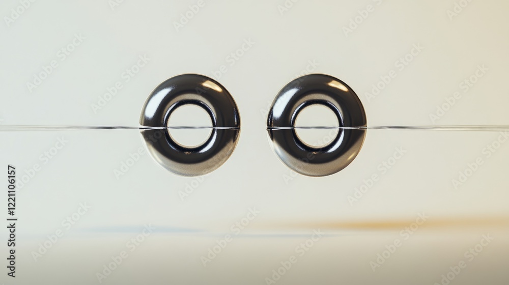 Poster Two magnets in mid-air, connected by a transparent string, visualizing the concept of magnetic tension and energy.