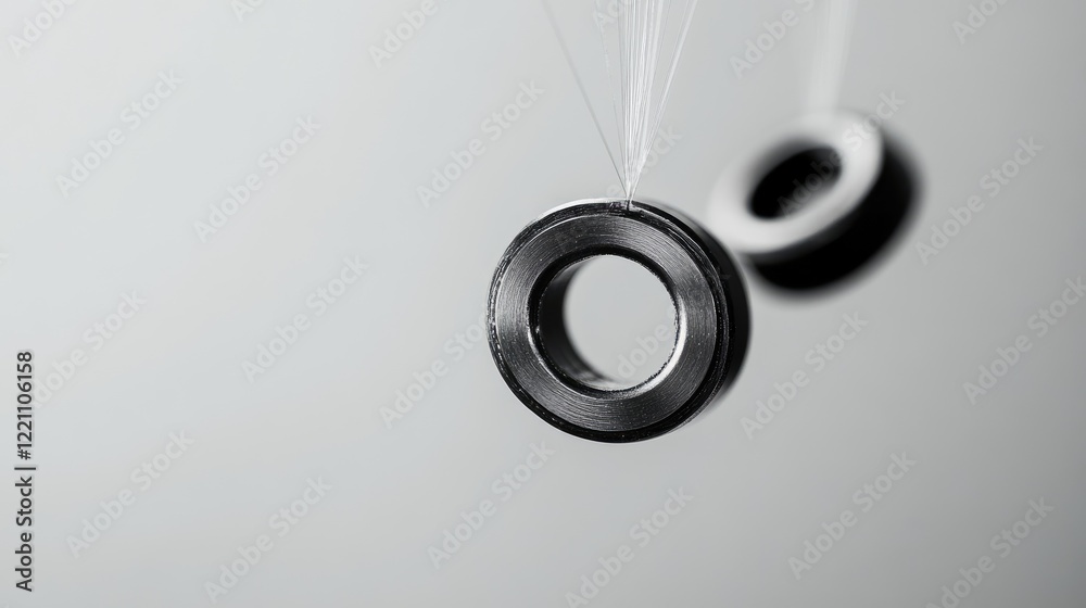 Aufkleber two magnets in mid-air, connected by a transparent string, visualizing the concept of magnetic tensi