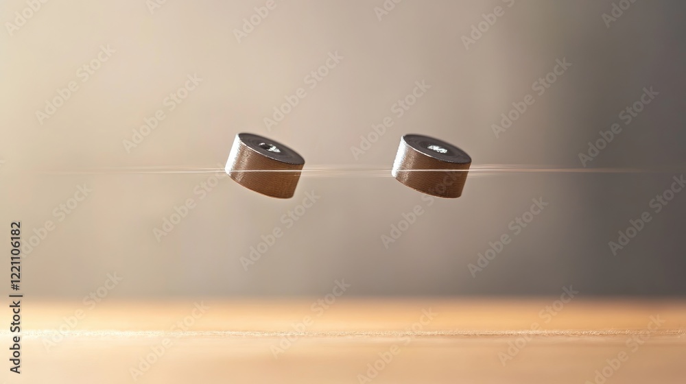 Poster two magnets in mid-air, connected by a transparent string, visualizing the concept of magnetic tensi