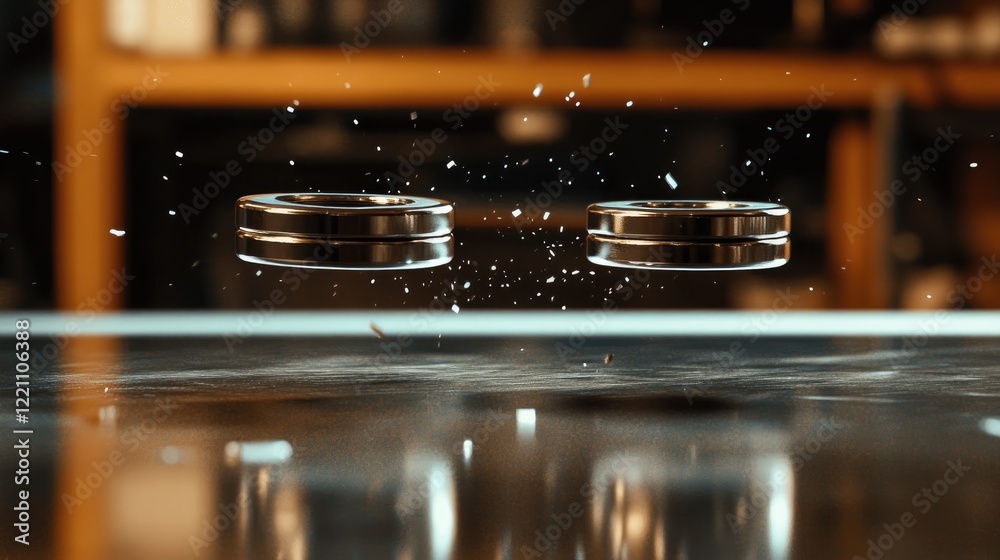 Poster Two neodymium magnets rapidly snapping together on a table, with motion blur creating a dynamic effect of speed and force.