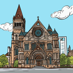 Fototapeta premium Trinity Church in Boston. Trinity Church in Boston hand-drawn comic illustration. Vector doodle style cartoon illustration