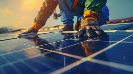 Technician Installing Solar Panels on Rooftop During Sunset for Sustainable Energy Solutions and Renewable Power Generation