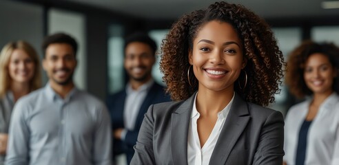 A focused and confident team leader, a black woman in business attire, smiling as she stands in front of her diverse team in a contemporary office setting