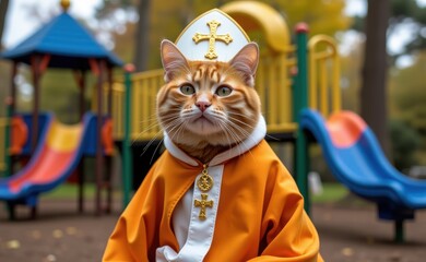 Obraz premium A regal cat dressed as a pope, complete with a white papal hat, cape, and a cross necklace, sitting on a sunny day.