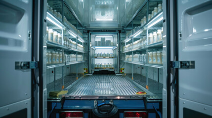 Interior of a Refrigerated Delivery Truck with Shelves Stocked with Dairy Products and Beverages