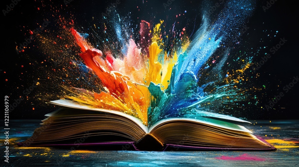 Poster Vibrant paint splashes exploding from an open book, illustrating the dynamic energy of ideas and creativity springing to life.