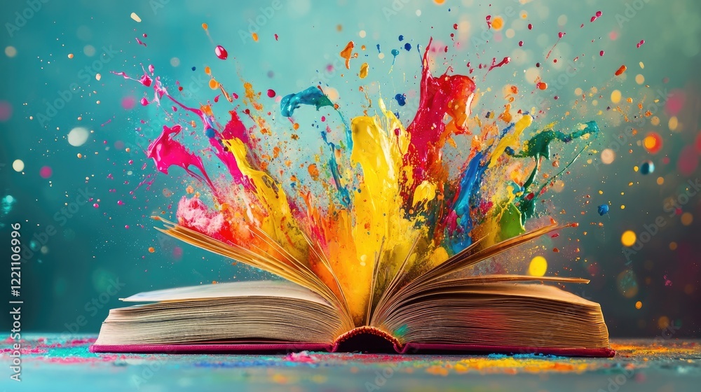 Poster Vibrant paint splashes exploding from an open book, illustrating the dynamic energy of ideas and creativity springing to life.
