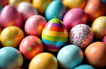 Fototapeta premium A delightful collection of rainbow-colored Easter eggs is beautifully displayed, showcasing various patterns and designs