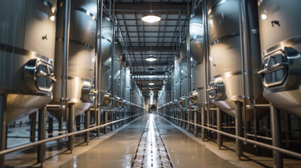 Fototapeta premium Modern Industrial Brewery with Stainless Steel Fermentation Tanks in Symmetrical Arrangement Under Bright Lighting