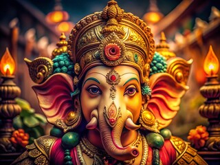 Obraz premium Vintage Ganesha Portrait: Selective Focus, Copy Space, Hindu Deity