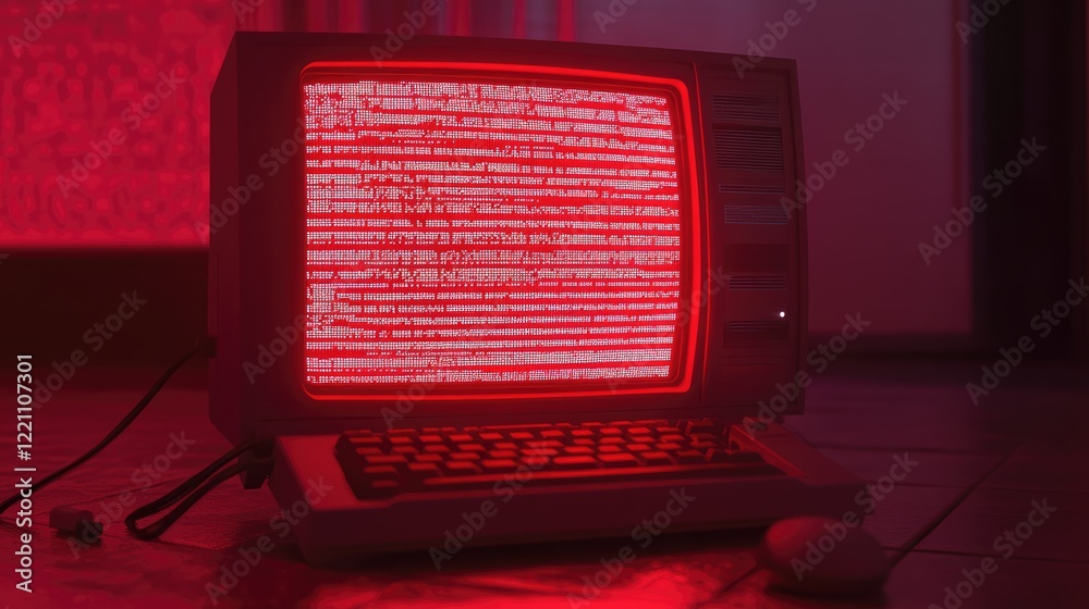 Poster Vintage computer screen displaying code, illuminated by red light, evoking a nostalgic tech ambiance from the early days of computing.