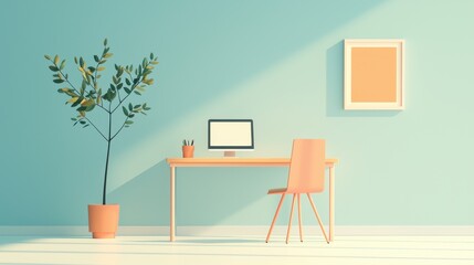 Modern Minimalist Workspace with Desk, Computer, Chair, and Potted Plant in Bright Sunlit Room