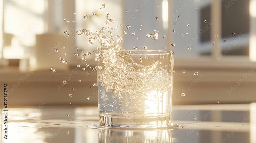 Poster water pouring into a glass, with droplets flying through the air, creating a refreshing and lively s