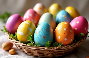 Fototapeta premium A delightful collection of rainbow-colored Easter eggs is beautifully displayed, showcasing various patterns and designs