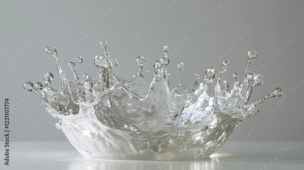 Poster water splashes in a crown shape, forming a perfect sphere on a pristine white surface, capturing flu