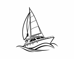 Black and White Illustration of a Sailing Yacht on the Water
