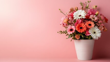 Naklejka premium A colorful floral arrangement featuring pink and orange flowers in a textured pot, beautifully set against a soft pink background, evoking cheerfulness and warmth.
