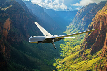 Compact fixed-wing drone soaring through a mountain valley on a sunny day in a vibrant landscape