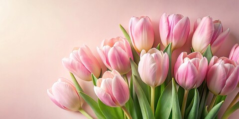 Fototapeta premium A delicate bouquet of pastel pink tulips with lush green leaves, a soft and elegant floral arrangement against a warm, muted background.