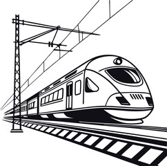 A dynamic, black and white line art illustration of a high-speed train moving along its tracks.