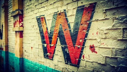 Fototapeta premium Vintage Graffiti Art: Thin Black W Letter Spray Paint on White Wall