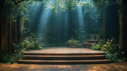 A theatrical stage set designed to resemble an enchanted forest.