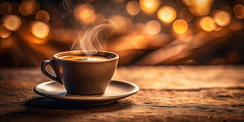 Fototapeta premium A steaming cup of coffee on a rustic wooden table, illuminated by warm bokeh lights.