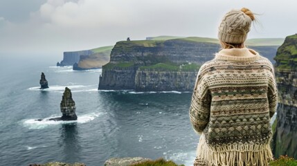 Female adult wearing knit sweater viewing cliffs of moher on overcast day