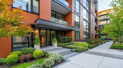 A modern apartment exterior with clean lines, large glass windows, and a landscaped entrance.