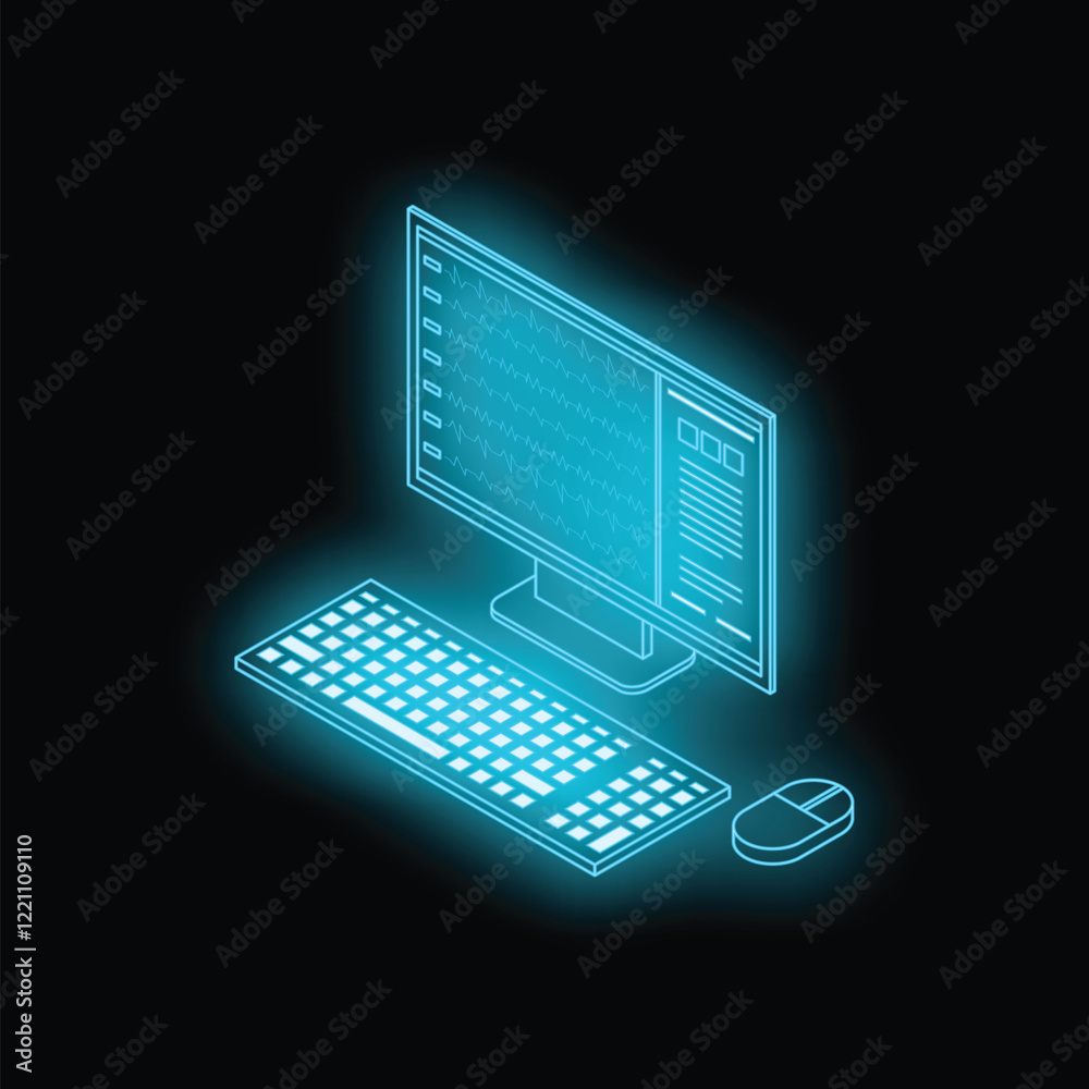 Poster Glowing blue isometric computer with keyboard and mouse showing data analysis software